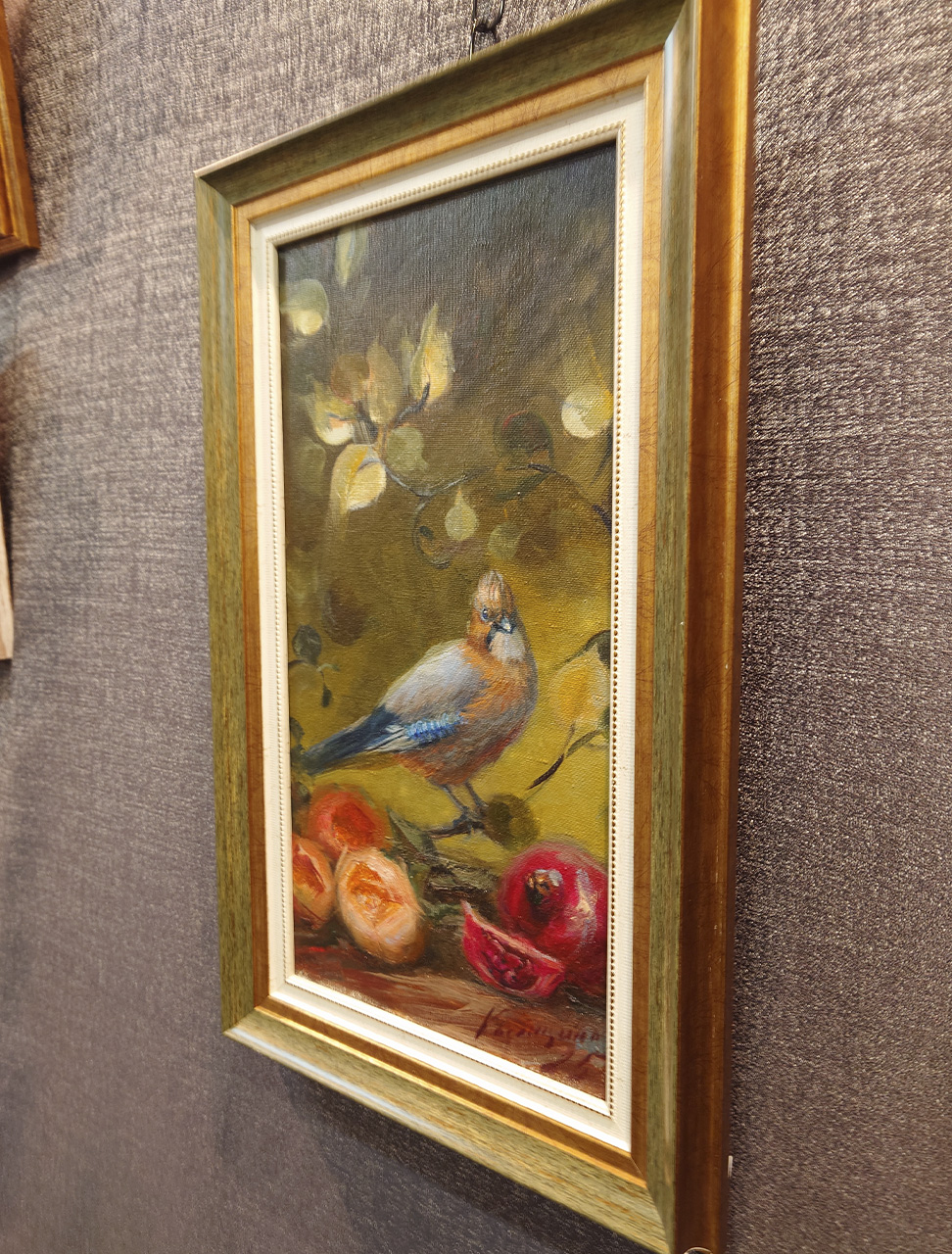 натюрморт с птицей цветы гранат живопись картина маслом в раме