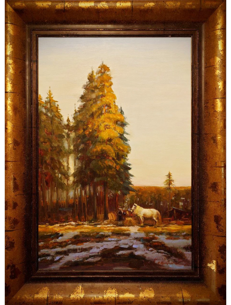 Пейзаж с соснами и лошадью