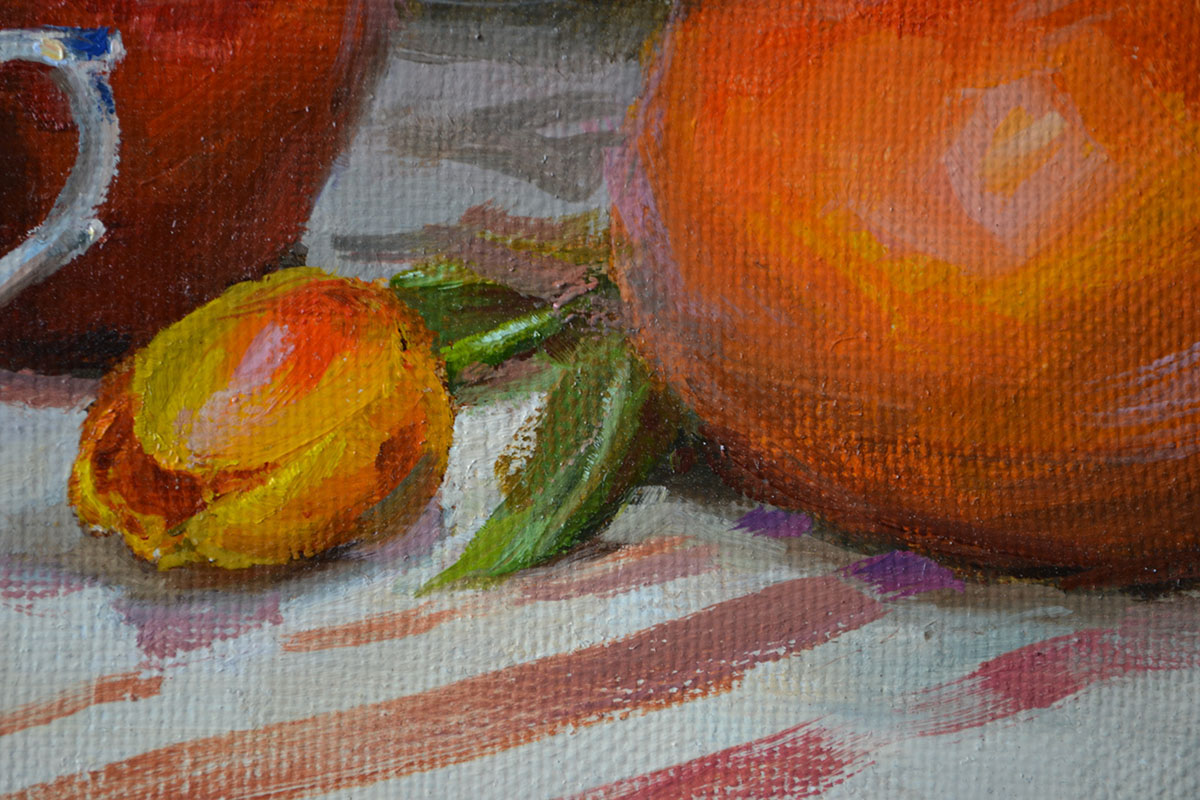 картина маслом натюрморт с грейпфрутами чашкой гжель и тюльпанами