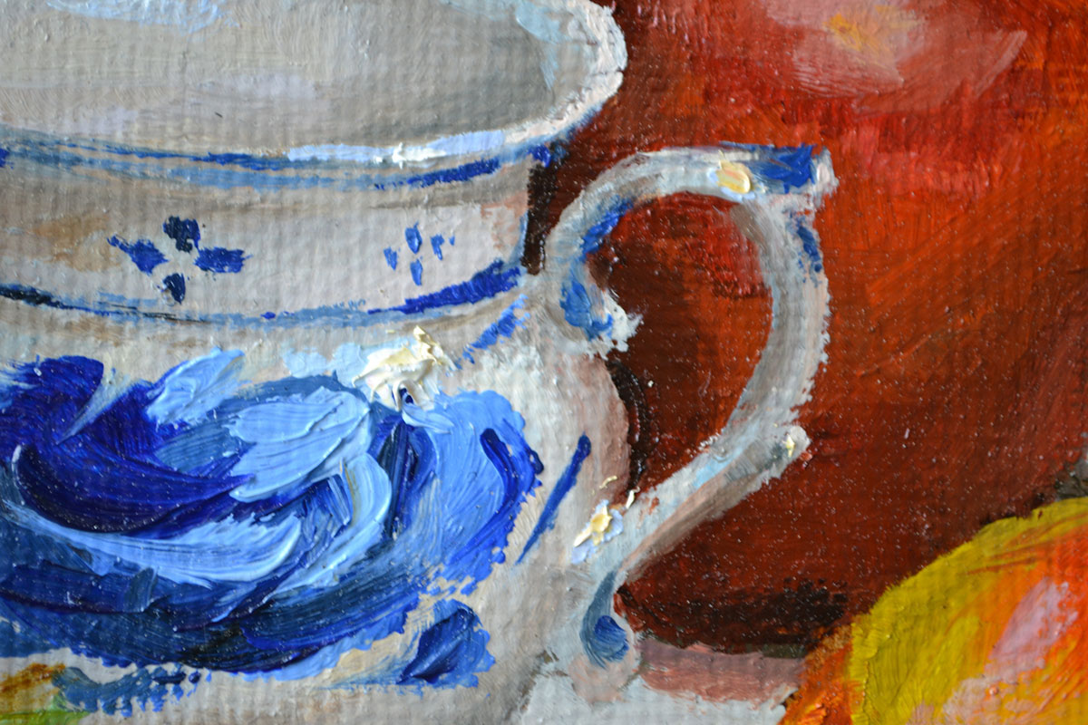 картина маслом натюрморт с грейпфрутами чашкой гжель и тюльпанами