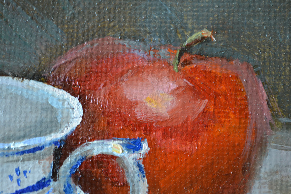 картина маслом натюрморт с грейпфрутами чашкой гжель и тюльпанами