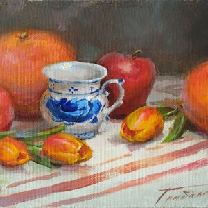 картина маслом натюрморт с грейпфрутами чашкой гжель и тюльпанами