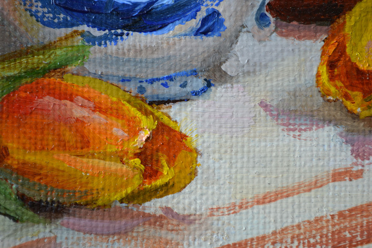 картина маслом натюрморт с грейпфрутами чашкой гжель и тюльпанами