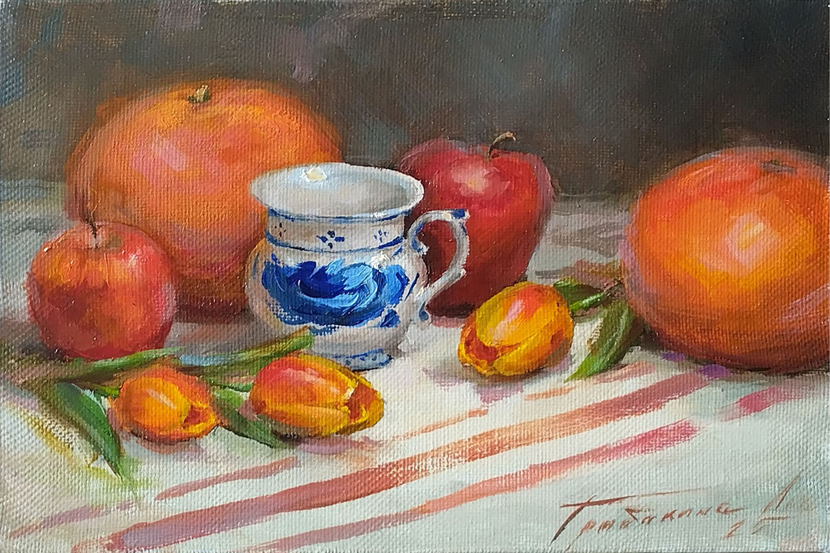 картина маслом натюрморт с грейпфрутами чашкой гжель и тюльпанами
