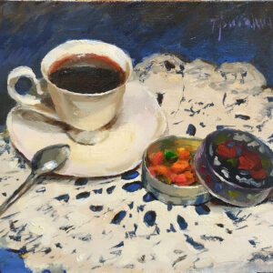 картина маслом натюрморт с кружевной салфеткой чашкой кофе и монпансье