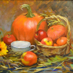 картина маслом, натюрморт с тыквой, чашкой и яблоками