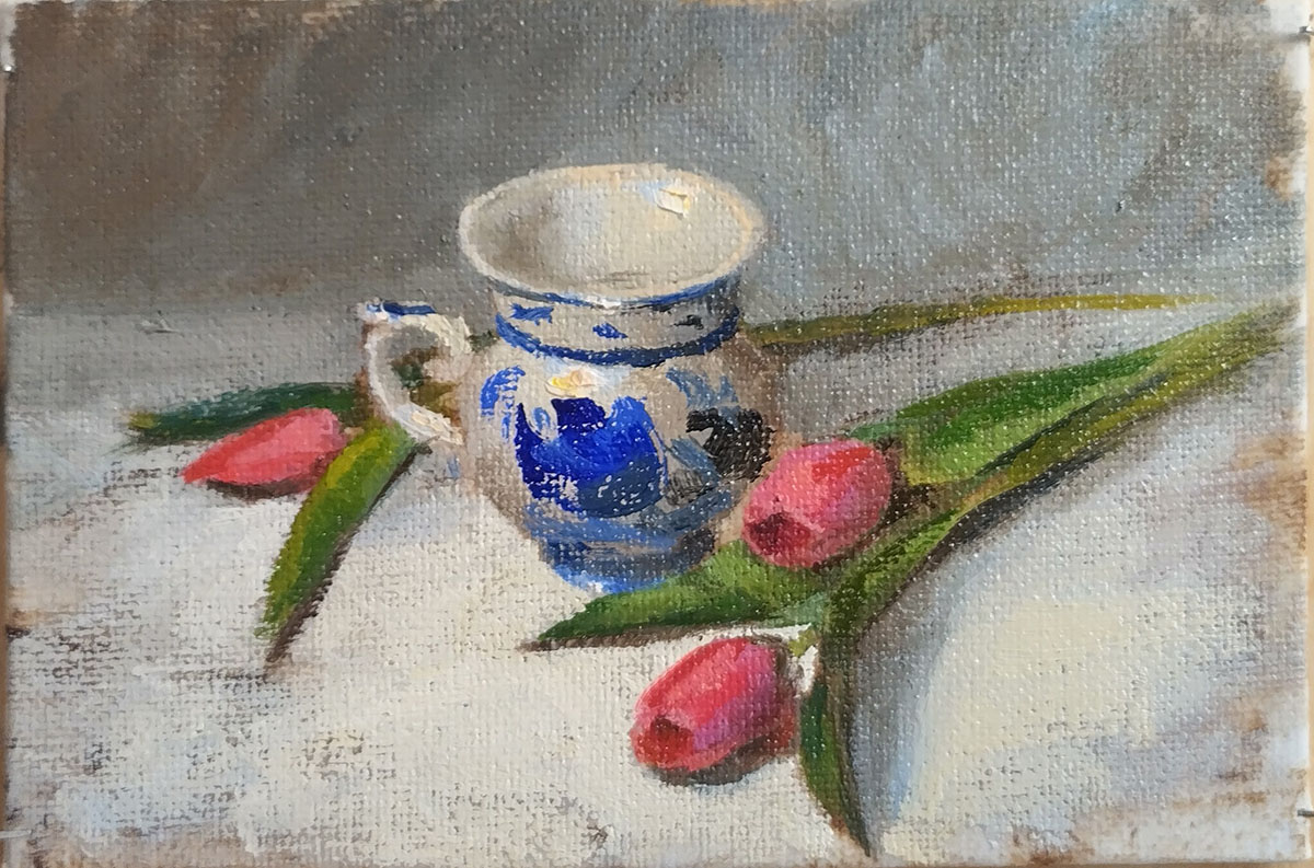 картина маслом натюрморт чашка гжель с тюльпанами